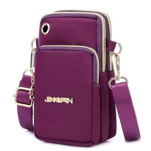 New! Burgundy Crossbody Phone Bag Small Lightweight Travel Purple Gold Nylon